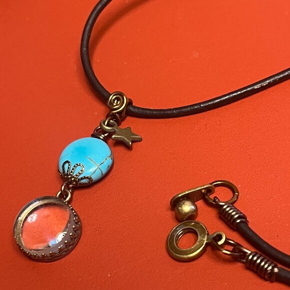 Black Leather Necklace, Turquoise & Glass Mini Magnifier Pendant - Picture 5 of 7